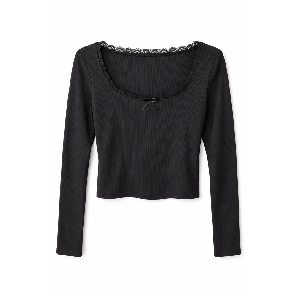 Black Goth Witchy Lace Trim Ribbed Crop Top Long Sleeve Coquette Dark‎ Academia - Picture 2 of 5
